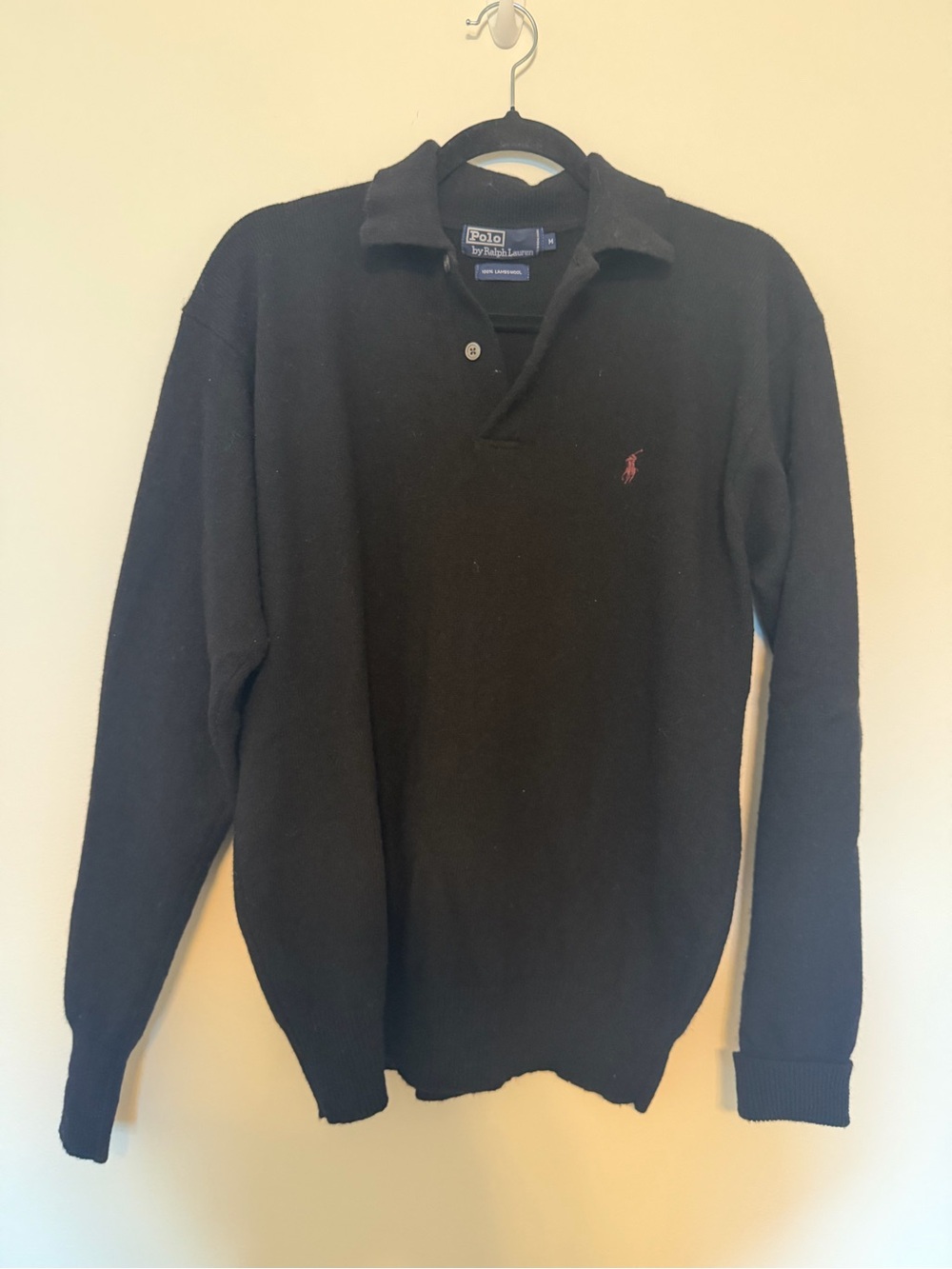 Ralph Lauren Black Long Sleeve Polo 100% Lambswool Sweater with Purple Pony